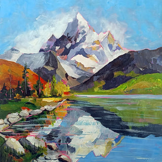 Still Waters, Endless Peaks by Evgenia Smirnova - a snow-capped peak mirrored in a still blue lake