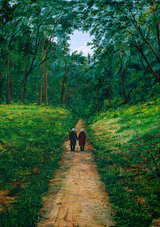 The way of live by Juergen Duerrmann - two figures walking down a sandy path through a green summer wood