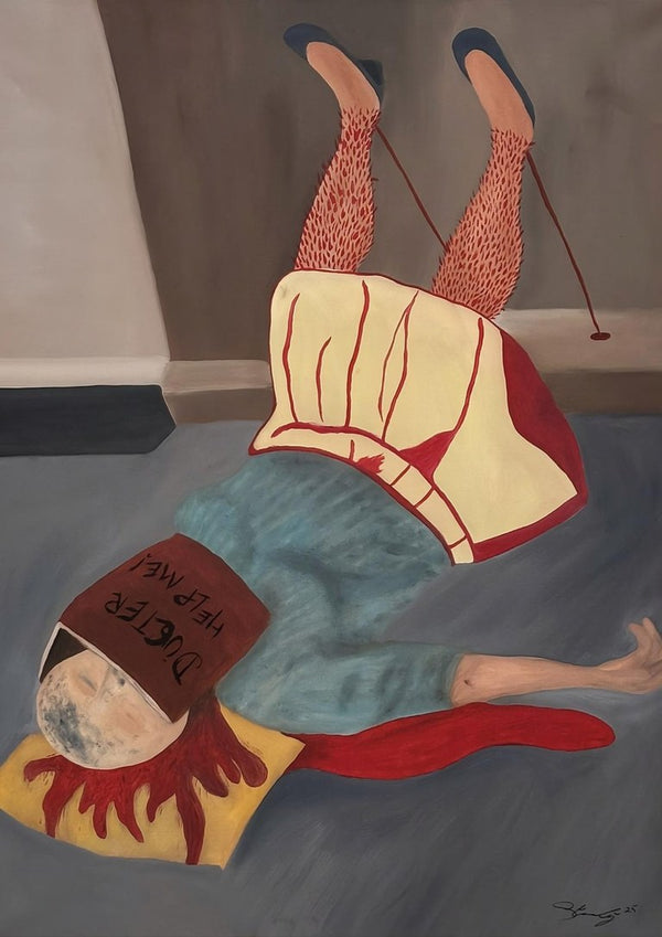 Overmeesterd door hypochondrie by Julian staal - a figure lying on a grey floor with DOCTER HELP ME! across the forehead