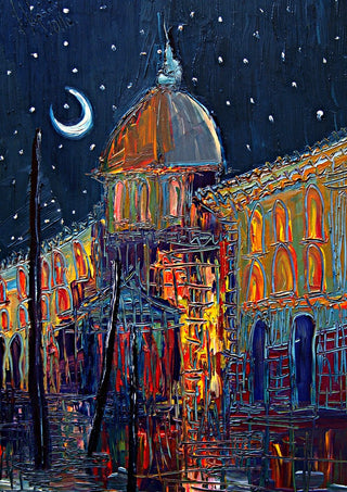 Crescent Moon over the City by Justyna Kopania - a lit night street with a dome under a crescent moon