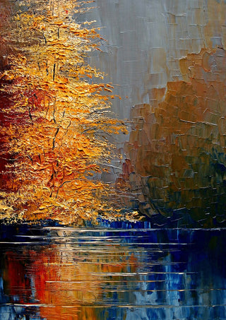 Autumn on the Water by Justyna Kopania - golden autumn trees reflected in deep blue water