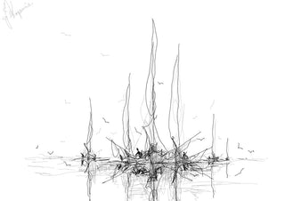 Masts at the Quay by Justyna Kopania - a fine black line drawing of ships' masts on white paper