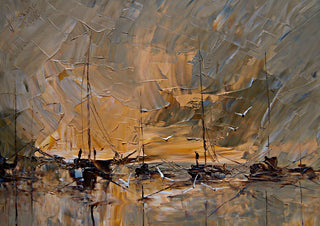 Harbour in Ochre by Justyna Kopania - moored boats and thin masts in sand and ochre tones