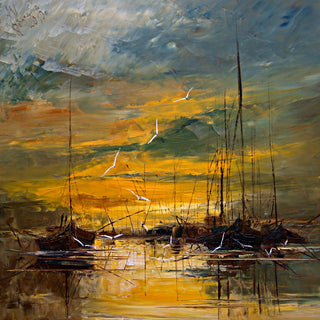 Evening Gold by Justyna Kopania - masts and dark hulls against a gold and green evening sky