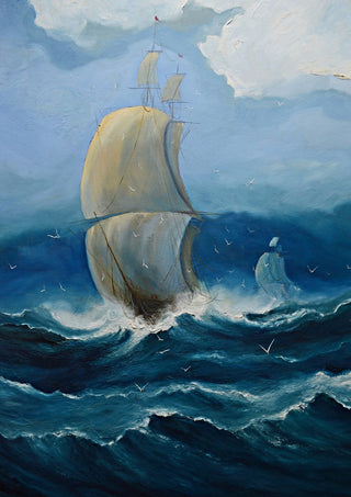 Full Sail by Justyna Kopania - a tall ship with cream sails under a blue sky over dark seas