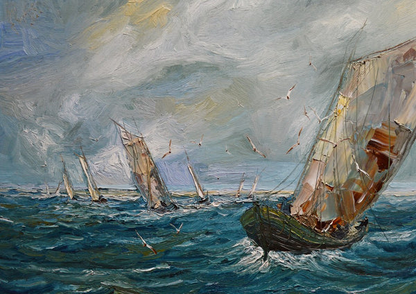 Fishing Boats at Sea by Justyna Kopania - boats under sail on a green-blue sea beneath a grey sky