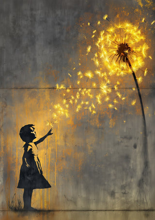 Golden Dandeloin x Banksy by Decker Studios - stencilled girl reaching for a glowing gold dandelion