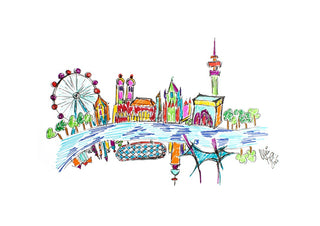 München by ullimcart - a city skyline with a ferris wheel and towers above a blue river