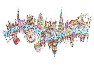 London by ullimcart - a long skyline with a clock tower and a ferris wheel above a blue river