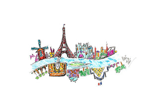 Paris by ullimcart - a windmill, an iron tower and rooftops above a pale blue river