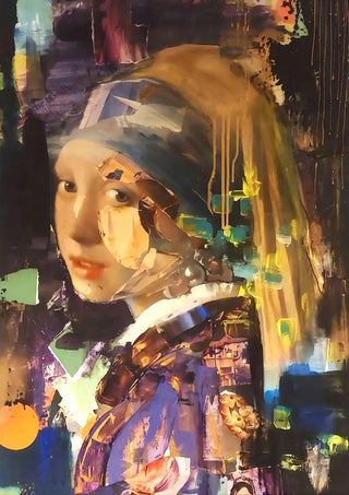 Girl with the pearl by creatievananne - a young woman in a blue and gold turban painted in thick slabs