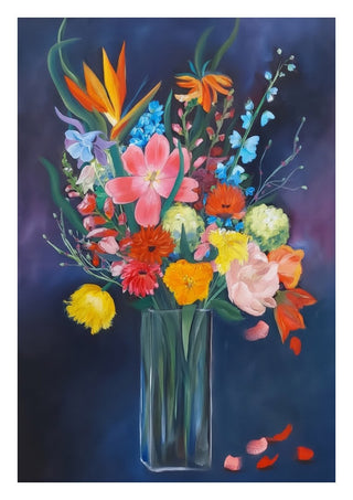 flowerpower! by creatievananne - a bouquet of orange, pink and yellow flowers in a glass vase on blue