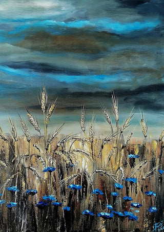 Blue fields by Lüba - ripe wheat with blue cornflowers under a heavy blue and grey sky