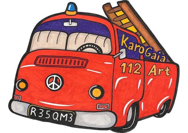 Firetruck by KaroGaiaArt - a red fire engine seen from behind with a wooden ladder and a peace sign