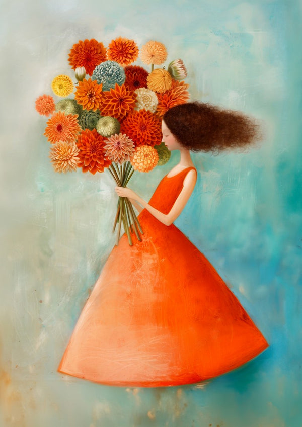 Girl with Flowers by Annika Persson - a woman in an orange dress holding a large bouquet on turquoise