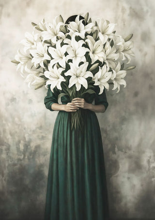 Lilies in Bloom by Annika Persson - a woman in a dark green dress holding an armful of white lilies