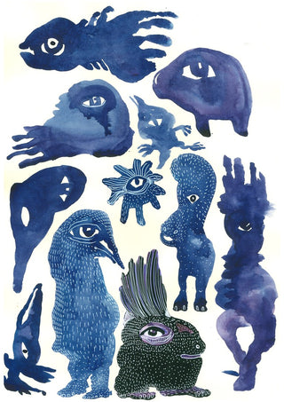 Creatures 2 by Lena Galé - twelve invented one-eyed creatures in blue watercolour