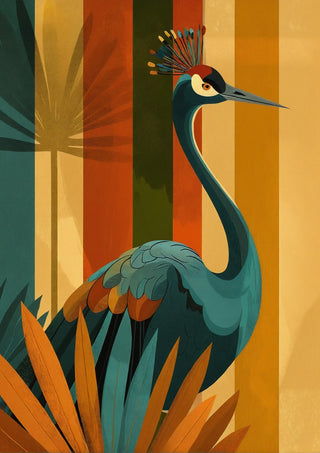 Crane of the Retro Forest by ArtySjak - a crowned crane in teal against rust and gold stripes