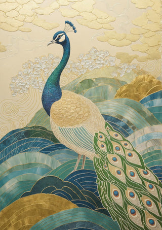 Peacock Touched by Gold by ArtySjak - a peacock on jade and gold hills under a cream sky