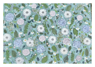 Sage Winter by Rebecca Wright - white and pale blue flowers spread across a soft sage green ground