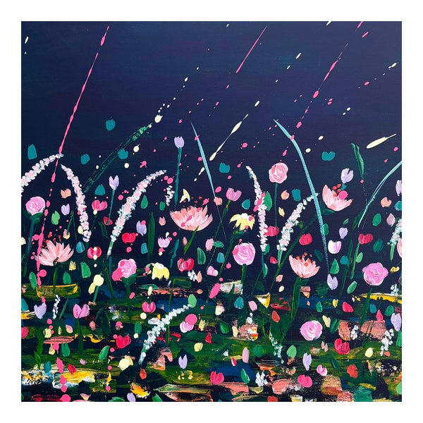 Thames Rain by Rebecca Wright - pink waterlilies and white grasses against a near black night sky