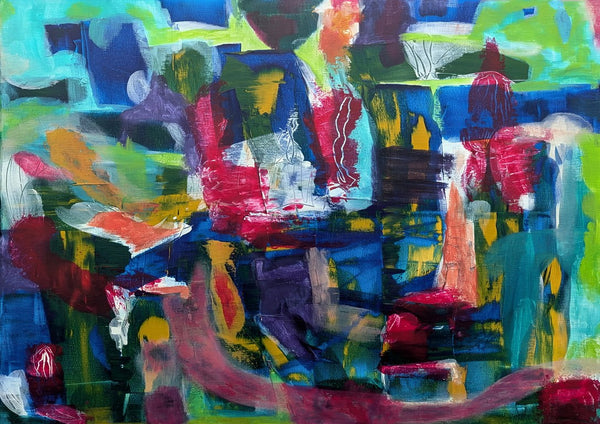 Melange by Janet Bell - an abstract painting of blue and green blocks cut through by magenta and orange