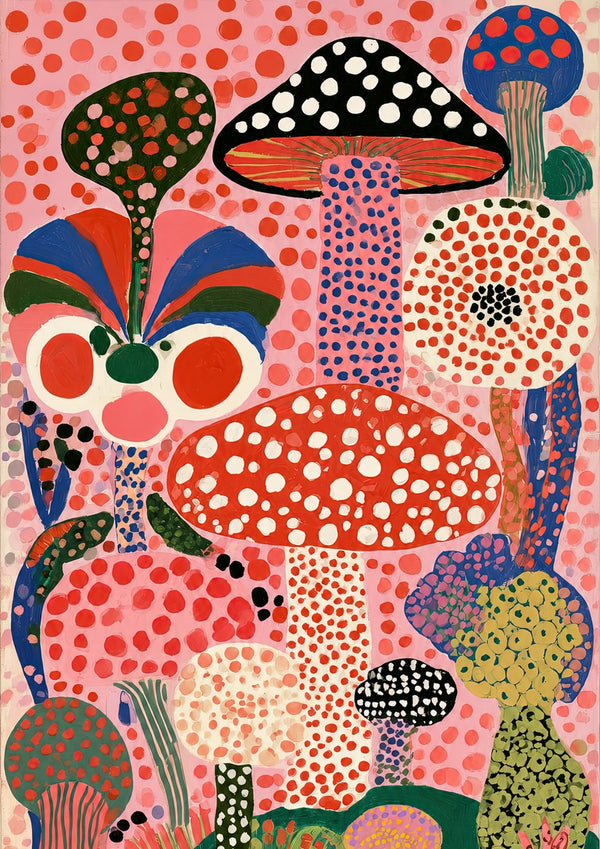 Mushrooms on Pink Dots by Yokohama - red, black and blue spotted mushroom caps crowded on a pink dotted ground