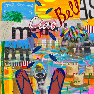 Ciao Bellas by María Burgaz - blue flip-flops and sandcastles in a beach collage