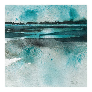 Reflections by Tania Zubareva - a turquoise sky over a dark treeline and bands of teal water