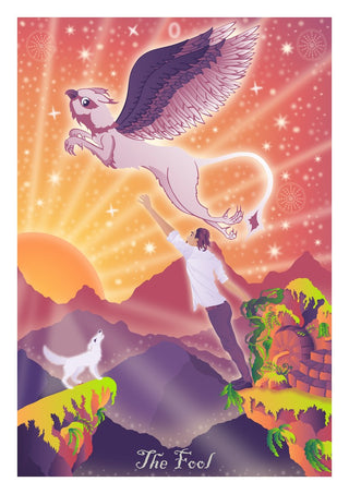 The Fool by Sciurus tarotus - a young man reaching for a winged griffin above violet mountains at sunrise