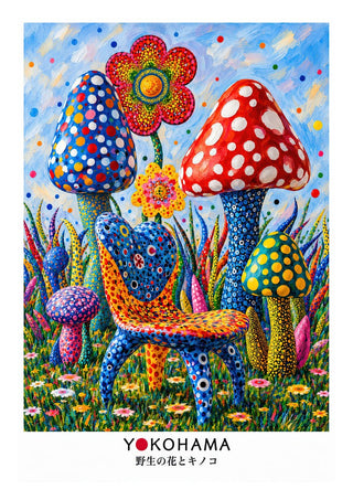 The Dotted Chair by Yokohama - a dot-covered chair among giant red, blue and teal mushrooms in a flowering meadow