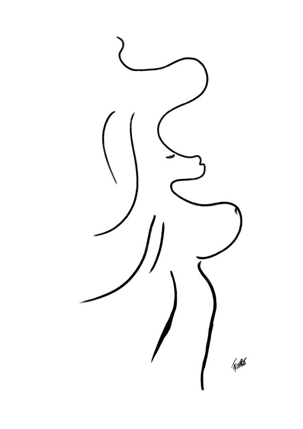 I am move by FridaRit - a woman's profile and flowing hair drawn in one unbroken black line on white