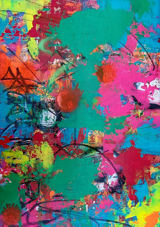 paint it loud by hazelart - green, hot pink and turquoise acrylic with sprayed marks and black lines