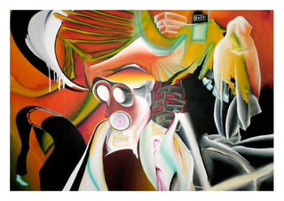 Inside the mind of the working man by Luis Valquaresma - a surreal crowd of forms in orange, green and white