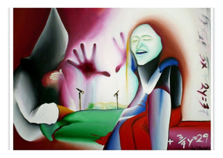 Ténue véu entre o Génio e a Loucura by Luis Valquaresma - a pale figure on a red bed under a handprint and equations