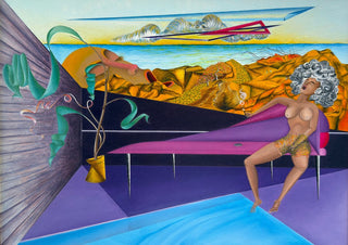 Egentid (Shadowless Times) by Emil Walli - a figure on a violet chaise by a blue pool below golden cliffs