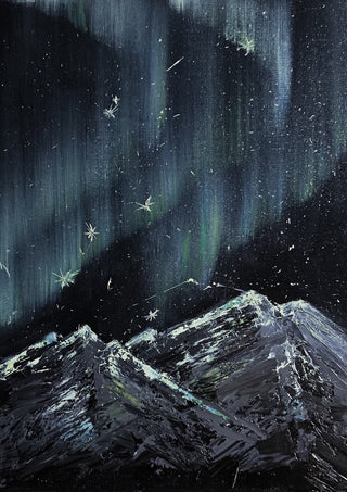 Aurora by Zhan Snow - green and teal northern lights above snow-covered mountains under a starry sky