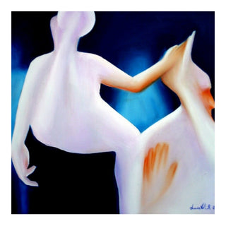 Contact #3 by Luis Valquaresma - two pale figures turning against electric blue and black with an orange hand