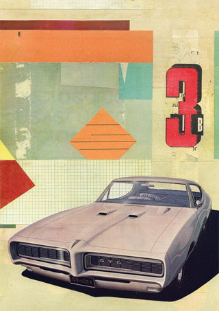 GTO 3 by Kareem Rizk - a vintage Pontiac GTO collaged on pale sage with an orange diamond and a red 3