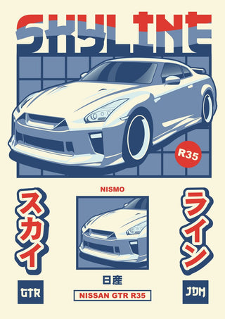 Nissan GT-R R35 II by Kaminarirace - a JDM poster with the car under Skyline lettering in blue, red and cream