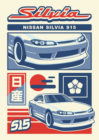 Nissan Silvia S15 by Kaminarirace - a JDM poster with two views of the car in cream, slate blue and red