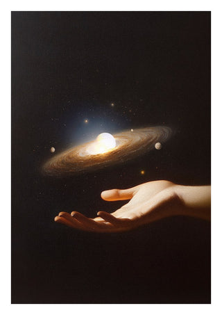 Supernova by Fran Rodriguez - an open hand holding a spiral galaxy with a burning white core