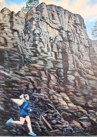 Skandinaviskt tystnad by Ramz Gadzh - a woman running below a high grey rock face