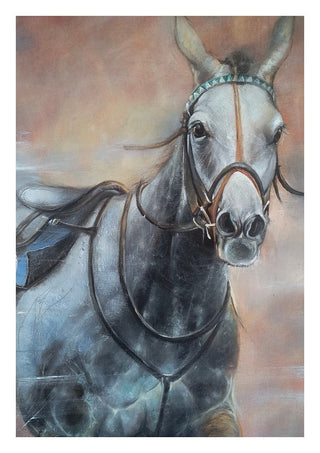 The Grey Horse by Mariia Nikolina - a dappled grey horse in a turquoise-beaded bridle