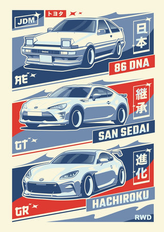 Toyota 86 Trilogy by Kaminarirace - the AE86, GT86 and GR86 stacked one above the other
