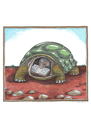 The Reading Tortoise by Waldemar Mandzel - a tortoise reading an open book from inside its shell