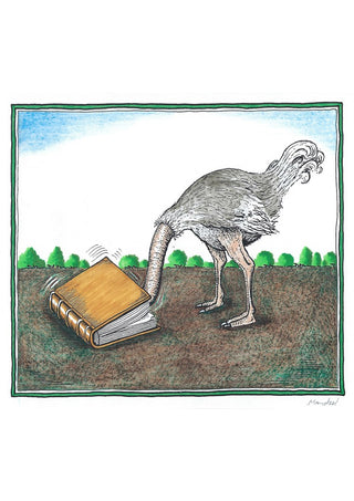 The Ostrich and the Book by Waldemar Mandzel - an ostrich with its head buried in a large book on brown earth