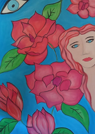 The watching Eye by Carmen Coduri - a woman among large pink roses on bright blue with an eye in the corner