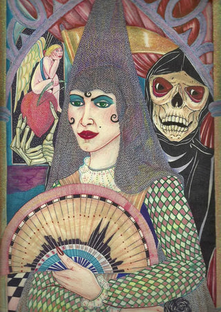 Mujer y muerte by Carlos Enrique Gozalo Ara - a woman in a grey mantilla with a hooded skull at her shoulder