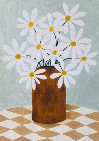 Rutig duk med brun vas by Rebecka Hansson - white daisies in a brown vase on a beige checked cloth